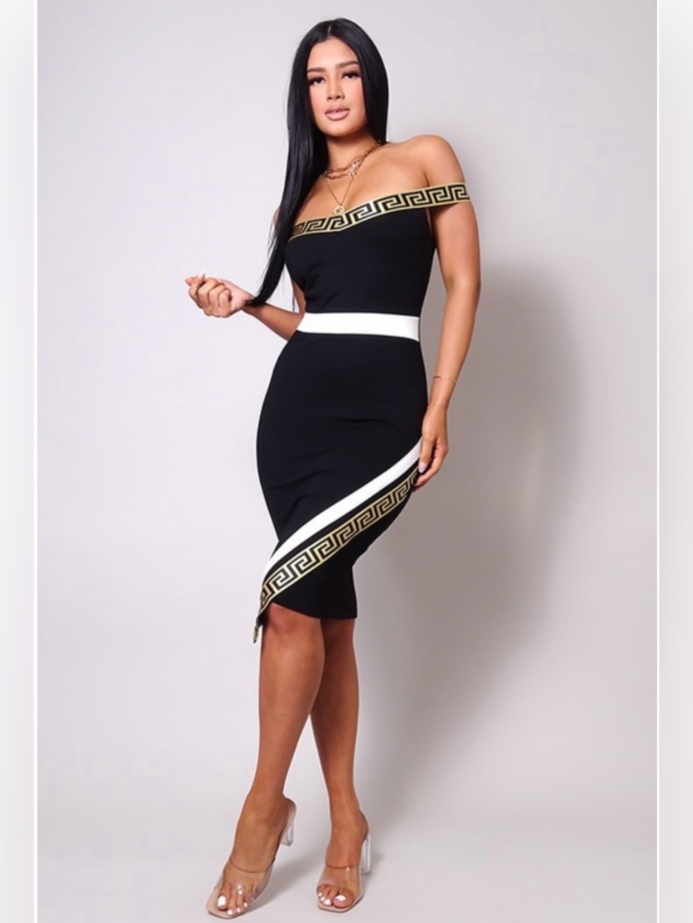 Off-Shoulder Black Bodycon Dress with Gold Trim and White Accents